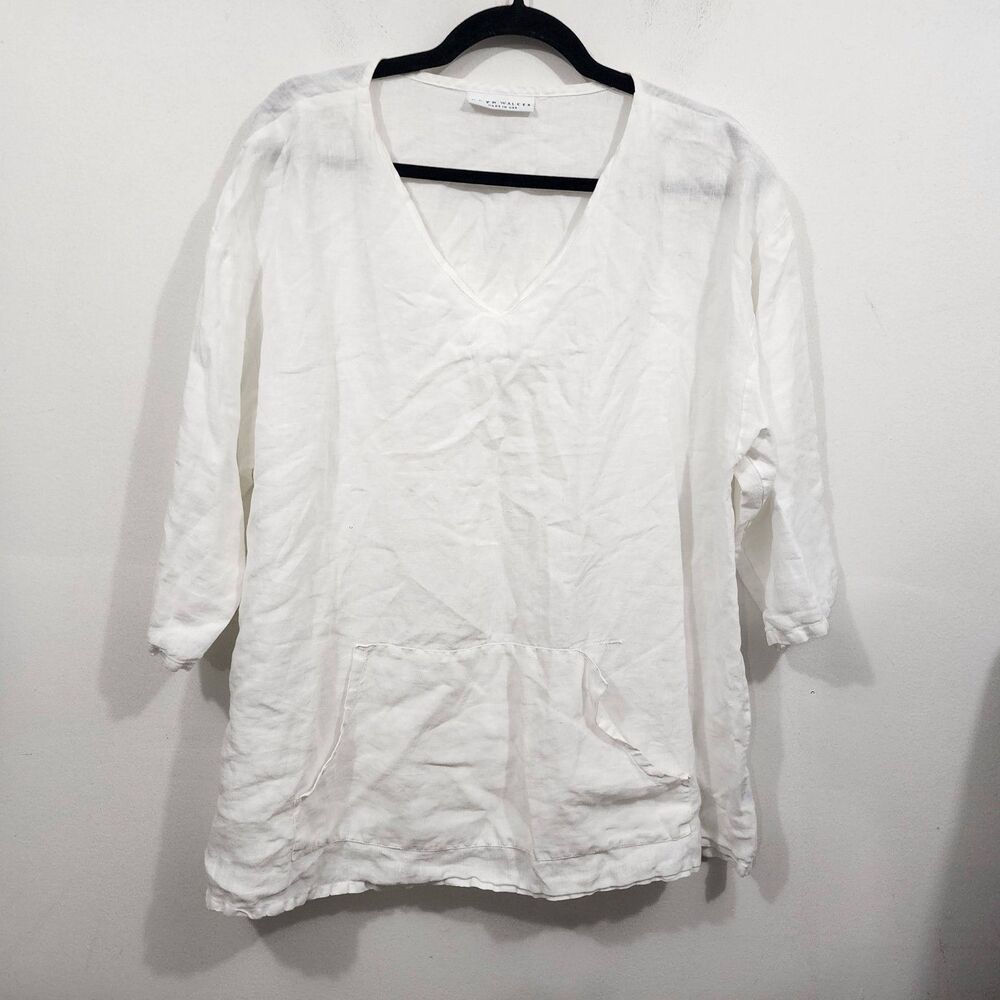 Bryn Walker Linen V-neck Lightweight Blouse White 3/4 Sleeve Pocket Womens Sz S